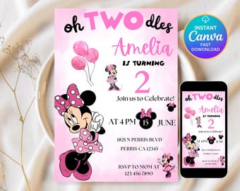 Minnie Mouse Birthday invitations, Minnie Mouse Birthday, 1st Birthday, Watercolor Pink Birthday Invite, Girls Invitations, Canva Editable