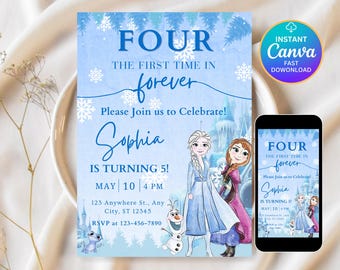 Frozen Four The First Time In Forever Birthday Invitation Frozen 4th Birthday Invitation Kids Fourth Party Elsa Anna Theme Invite EDITABLE