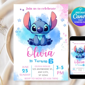 Editable Stitch Birthday Invitation Template, Printable Birthday Party Invitations, Digital Kids Party Invite Boys & Girls Bday Card Evite