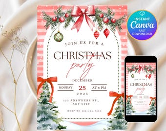 Puede incluir: Una invitación a una fiesta de Navidad con un fondo a rayas rojas y blancas. La invitación presenta un arco decorativo con lazos rojos, adornos y ramas de hoja perenne. El texto dice "Join us for a Christmas party" con detalles de fecha y hora.