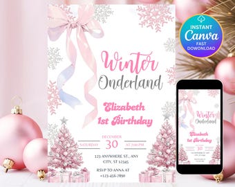 Pink Bow Winter Onederland First Birthday Invite Winter Onederland Invite 1st Christmas Birthday Girl Snowflake Birthday Pink Silver Canva