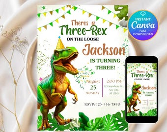 Dinosaur Birthday Invitation,Three Rex Birthday Invite, Boys Third Birthday Dino Party, Three-Rex On The Loose, Editable Canva Template