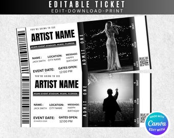 Editable Concert Ticket Template, DIY Event Ticket, Surprise Gift Custom Concert Ticket, Printable Concert Tickets Gift Idea, Canva Template