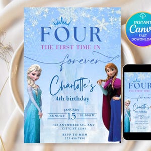Frozen Four The First Time In Forever Birthday Invitation Frozen 4th Birthday Invitation Kids Fourth Party Invite Elsa Anna Theme EDITABLE