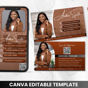 May include: A brown and white business card template with a photo of a woman in a blazer. The card includes contact information and a QR code. The text on the card reads "Andria Smith" and "Canva Editable Template."