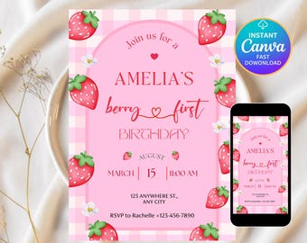 Berry First Birthday Invitation, Editable 1st Birthday Girl Invite, Printable Strawberry First Birthday Girl Invitation Template, Canva