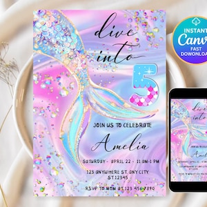 May include: A mermaid-themed invitation with a shimmering, iridescent design. The invitation features a mermaid tail, the text "dive into 5", and event details. A smartphone displays the invitation design. The invitation is for Amelia's birthday.