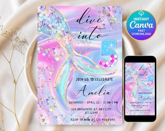 Dive into Five 5th Birthday Mermaid Invitation Editable Pink Purple Blue Under The Sea Invite Glitter Mermaid Tail Invite, Holographic