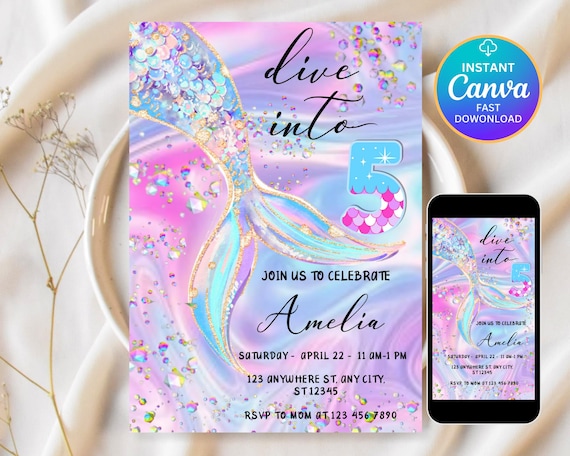 Dive into Five 5th Birthday Mermaid Invitation Editable Pink Purple Blue Under The Sea Invite Glitter Mermaid Tail Invite, Holographic