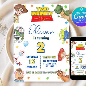 May include: A birthday invitation with characters from a popular animated film. The design includes the text "Two Infinity and Beyond" and "Oliver is turning 2". The invitation also includes the date, time, and location of the party. A smaller version of the invitation is displayed on a smartphone.