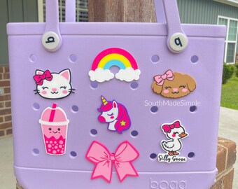 Girly Girl Bogg Bag Charms, Rainbow Unicorn Silly Goose Ribbon Bow Bogg Bag Charms, Bogg Bag Accessories, Custom Bogg Bag, Bogg Bag Buttons