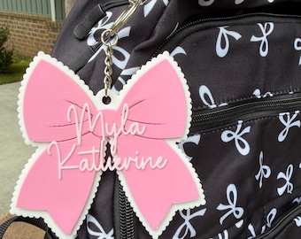 Custom Scalloped Preppy Bow Backpack Keychain, Back to School Name Keychain, Custom Ribbon Keychain, Custom Bow Bag Tag