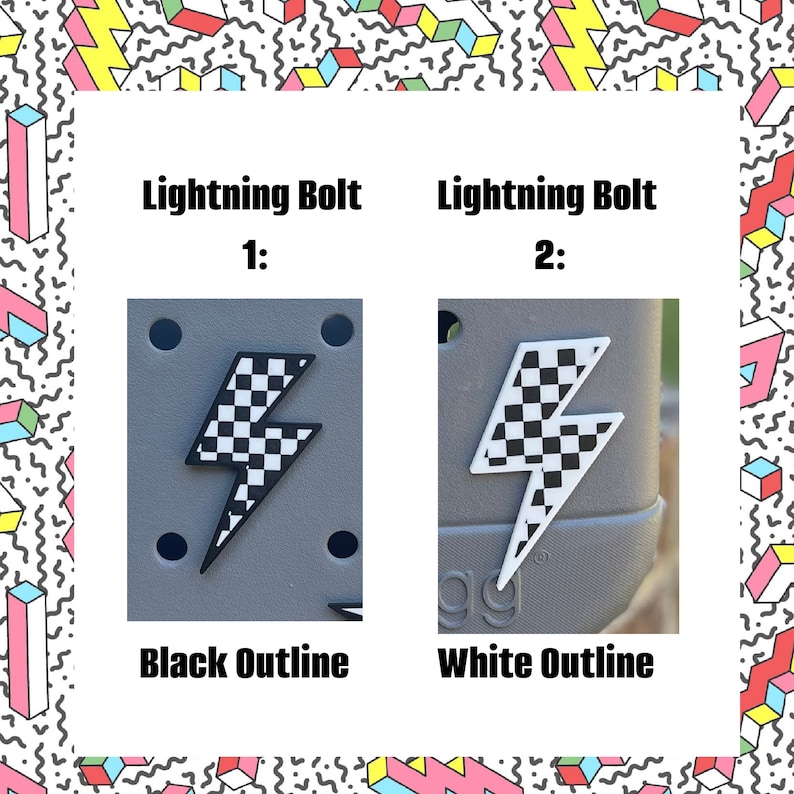 May include: Two images of a checkered lightning bolt charm. The first image shows the charm with a black outline on a gray background. The second image shows the charm with a white outline on a gray background. The text "Lightning Bolt 1: Black Outline" is below the first image. The text "Lightning Bolt 2: White Outline" is below the second image.