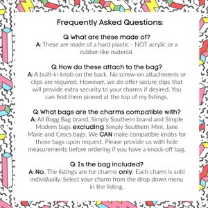May include: White background with a colorful geometric pattern. The image contains text that reads "Frequently Asked Questions" and answers questions about the product's material, attachment method, bag compatibility, and if the bag is included.