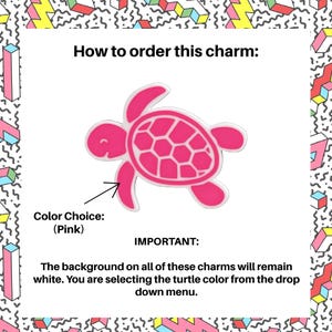 Puede incluir: Un dije de tortuga rosa con contorno blanco, sobre fondo blanco. El texto dice: "C&oacute;mo pedir este dije: Elecci&oacute;n de color: (Rosa) IMPORTANTE: El fondo de todos estos dijes permanecer&aacute; blanco."