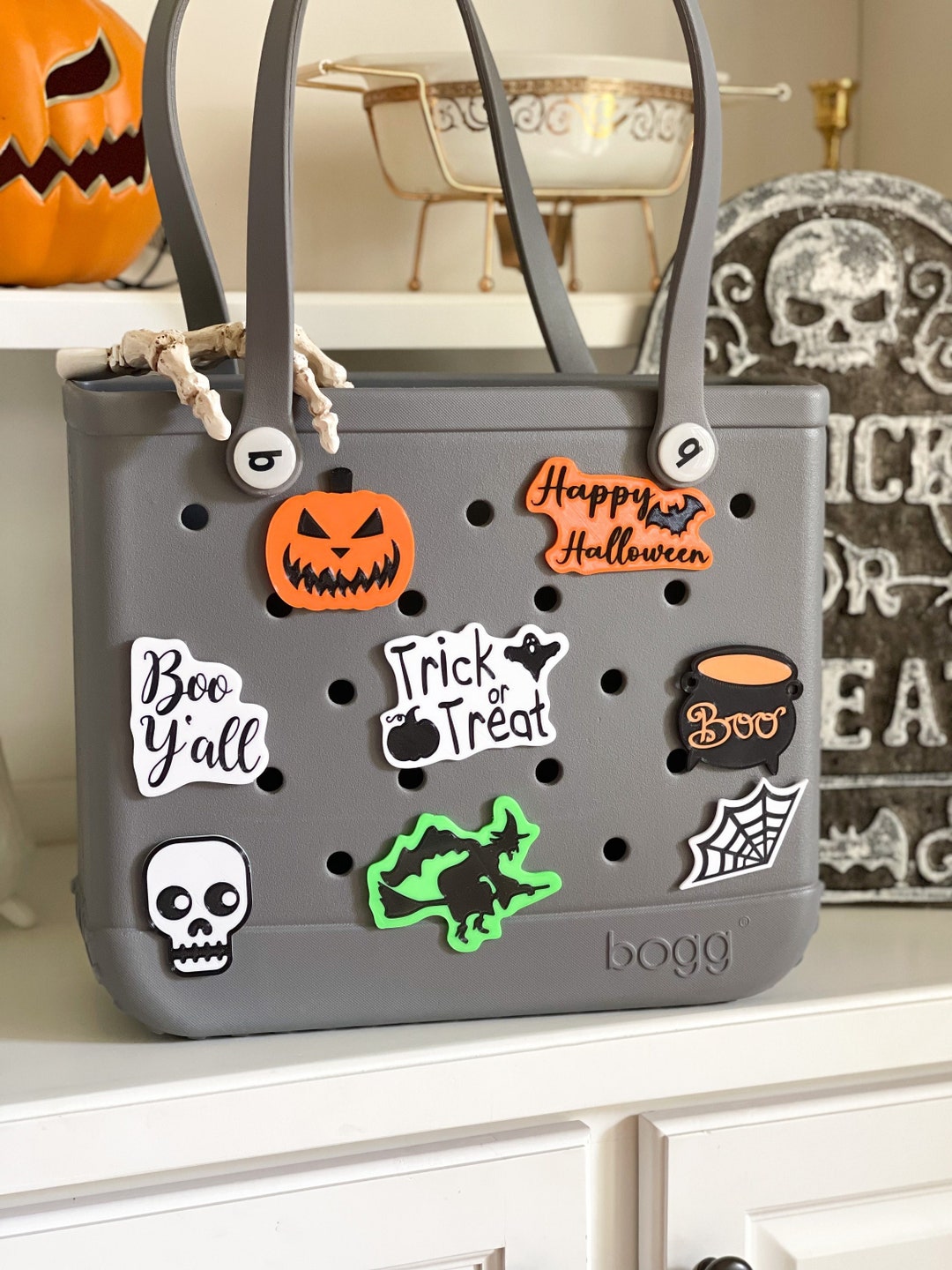 Halloween Bogg Bag Charms - Skull & Pumpkin Decorations For Rubber Totes, Beach Bags, DIY Accessories