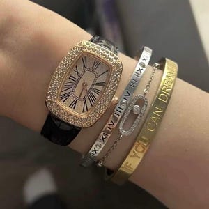 Luxury Women’s Watch – Gold Dial with Rhinestones & Black Strap