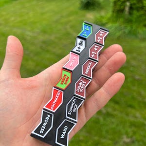 Puede incluir: Un accesorio de juego en blanco y negro con varias etiquetas de texto en blanco, rojo, verde y rosa. Las etiquetas incluyen "Flying", "First Strike", "Hexproof", "Prowess", "Ward", "Summon Sick", "Double Strike" y "+1 +1 +1 +1".