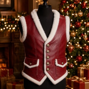 May include: A deep red waistcoat featuring a white faux fur trim along the collar, armholes, and hem. The garment includes five gold-toned buttons down the centre front and two front pockets with flaps, each secured with a matching gold-toned button.
