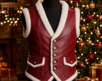 May include: A deep red vest featuring a white faux fur trim along the collar, armholes, and hem. The garment includes five gold-toned buttons down the center front and two front pockets with flaps, each secured with a matching gold-toned button.