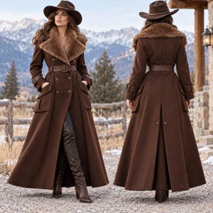 May include: A long, dark brown double-breasted wool coat featuring a wide faux fur collar, a matching buckled belt at the waist, and large flap pockets. The coat is paired with a brown wide-brimmed hat and tall brown leather boots.