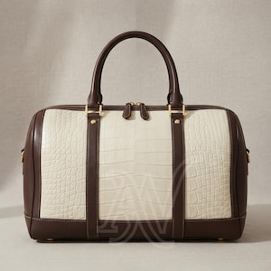 White Crocodile Leather Duffle Bag, Luxury Weekender Travel Bag, Brown Leather Holdall, Designer Overnight Bag, Handmade Leather Gift
