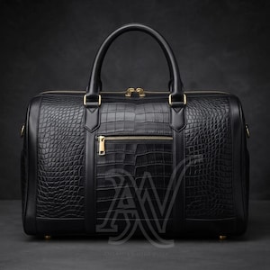 Black Crocodile Leather Duffle Bag, Luxury Weekender Travel Bag, Large Overnight Carryall, Men's Business Travel Bag