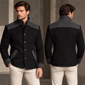 Men's Black Wool Military Jacket, Charcoal Tailored Officer Coat, Stand Collar Winter Jacket, Two Tone Wool Outerwear
