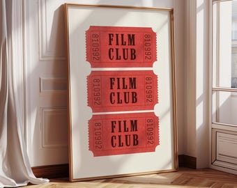 Retro Film Club Ticket Print | Vintage Movie Ticket Poster | Home Cinema Wall Art | Red "FILM CLUB" Ticket Decor | Film Buff Gift |