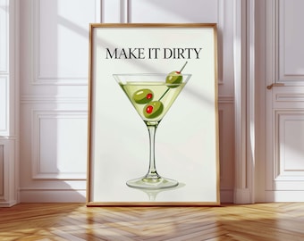 Dirty Martini Poster | Make It Dirty Quote Wall Art | Olive Cocktail Decor | Funny Kitchen Print | Vintage Martini Wall Art | Retro Martini