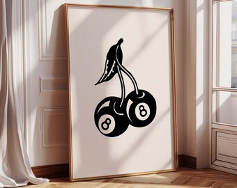 8 Ball Cherry Poster – Vintage Pool Ball Art, Bold Black & White Wall Print, Tattoo-Inspired Billiards Design for Bar, Studio, Decor