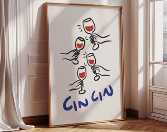 Cin Cin Wine Poster | Minimalist Cheers Wall Art | Italian Toast Print | Fun Kitchen Decor | Wine Lover Gift | Modern Line Drawing Artwork