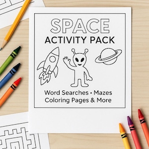 May include: A black and white printable activity pack with the text "SPACE ACTIVITY PACK" and illustrations of a rocket, alien, and planet. The text below the title reads "Word Searches, Mazes, Coloring Pages & More".