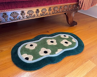 Retro Flower Tufted Rug: Y2K Green Wavy Bedside Carpet