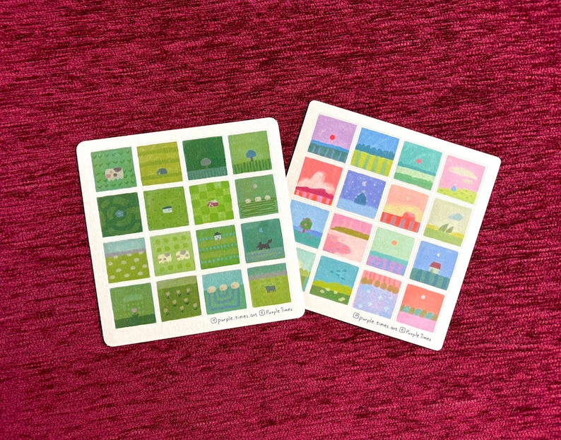 May include: Two square sticker sheets featuring a grid of sixteen small illustrations each. One sheet displays various green landscapes, while the other shows colorful scenes in pink, blue, and yellow. Both sheets include the text purple.times.art.
