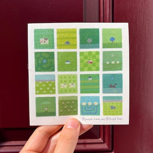 May include: A square sticker sheet featuring a four-by-four grid of sixteen small, green-toned illustrations depicting various landscapes, animals, and plants. The bottom right corner includes the text purple.times.art and Purple Times.