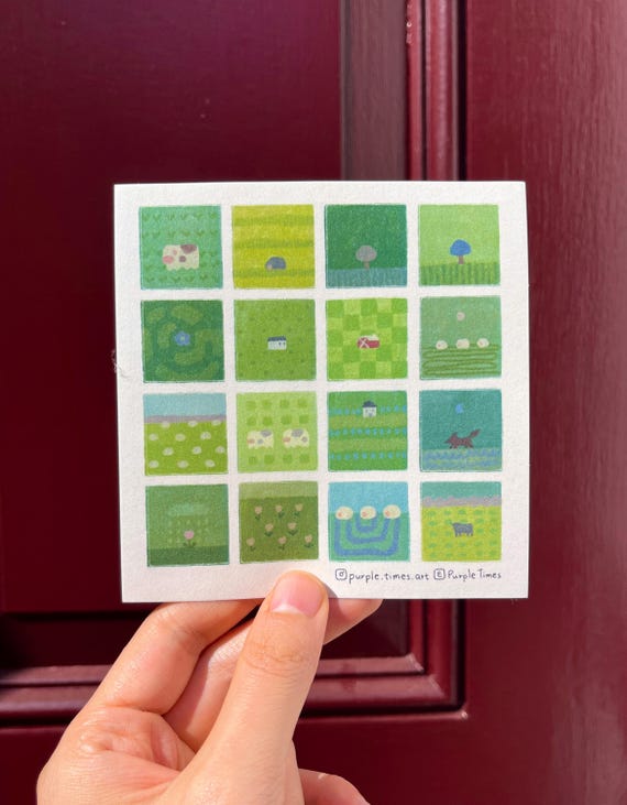 Green Country Side Miniature Landscape Sticker Sheet | Premium Textured Paper Stickers | Matte Stamp Stickers