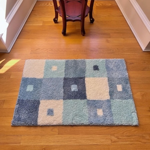 Blau Flauschiger Teppich | Retro Karierter Teppich | Süßer y2k Ästhetischer Spiegel Teppich | Funky Kleiner Teppich für Schlafsäle | Badteppich in Blau und Weiß