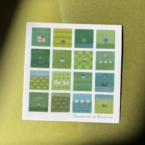 May include: A square art print featuring a grid of sixteen small illustrations in various shades of green, blue, and white. The scenes depict landscapes, animals, and plants. The text purple.times.art and Purple Times is printed at the bottom.