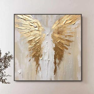 Gold Angel Wings Oil Painting, Textured Impasto Canvas, Modern Spiritual Art