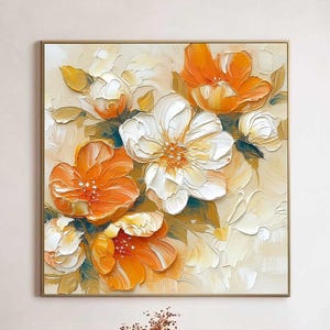 Olieverfschilderij met gestructureerde oranje en witte bloemen, 3D impasto bloemen muurdecoratie