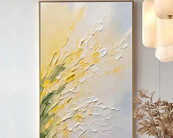 Yellow Abstract Floral Painting 3D Textured Wall Art, Original Minimalist Impasto Art, Modern Wildflower Canvas for Living Room Decor