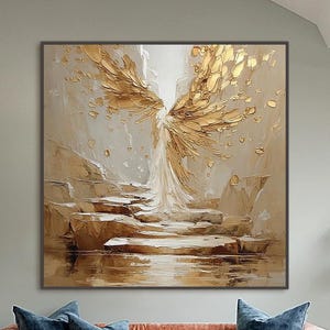 Gold Angel Wings Oil Painting, Textured Impasto Stairway Canvas Art, Spiritual Home Decor