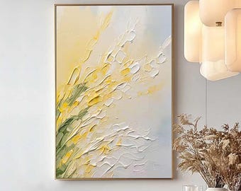 Yellow Abstract Floral Painting 3D Textured Wall Art, Original Minimalist Impasto Art, Modern Wildflower Canvas for Living Room Decor