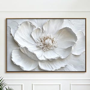 Abstract Original Flower Oil Painting On Canvas,Large 3D Impasto Textured White Floral Painting,Modern Minimalist Wall Art,Office Wall Decor