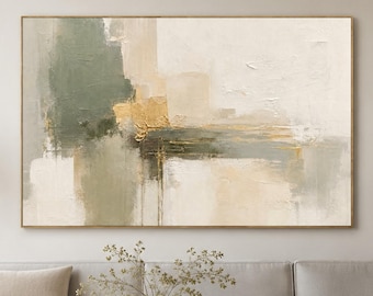 Quadro astratto neutro, decorazione murale verde salvia, decorazione con texture dorata