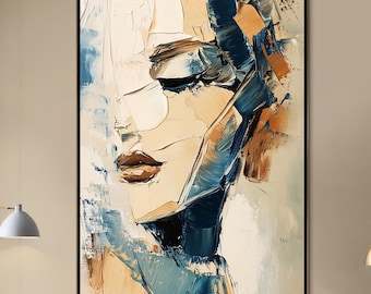 Large Abstract Beige Portrait Oil Painting On Canvas, Minimalist Textured Canvas Art, Modern Woman Face Painting, High-end Living Room Decor