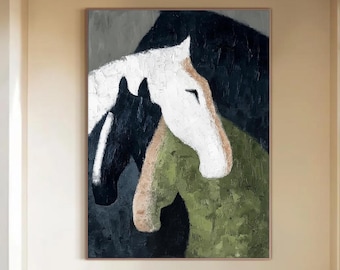 Horse Portrait Oil Painting, Equestrian Animal Wall Art, Black White Canvas Art, Farmhouse Rustic Home Decor, Western Bedroom Wall Art