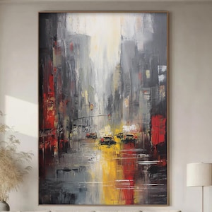 Original Cityscape Oil Painting on Canvas,Luxury Wall Art,Abstract Gray Rainy Day Painting,Custom Painting,Modern Living Room Wall Decor