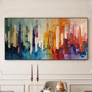 Vibrant Abstract Cityscape Painting On Canvas, Colorful Palette Knife Textured Painting, Modern Minimalist Urban Wall Art, Living Room Decor